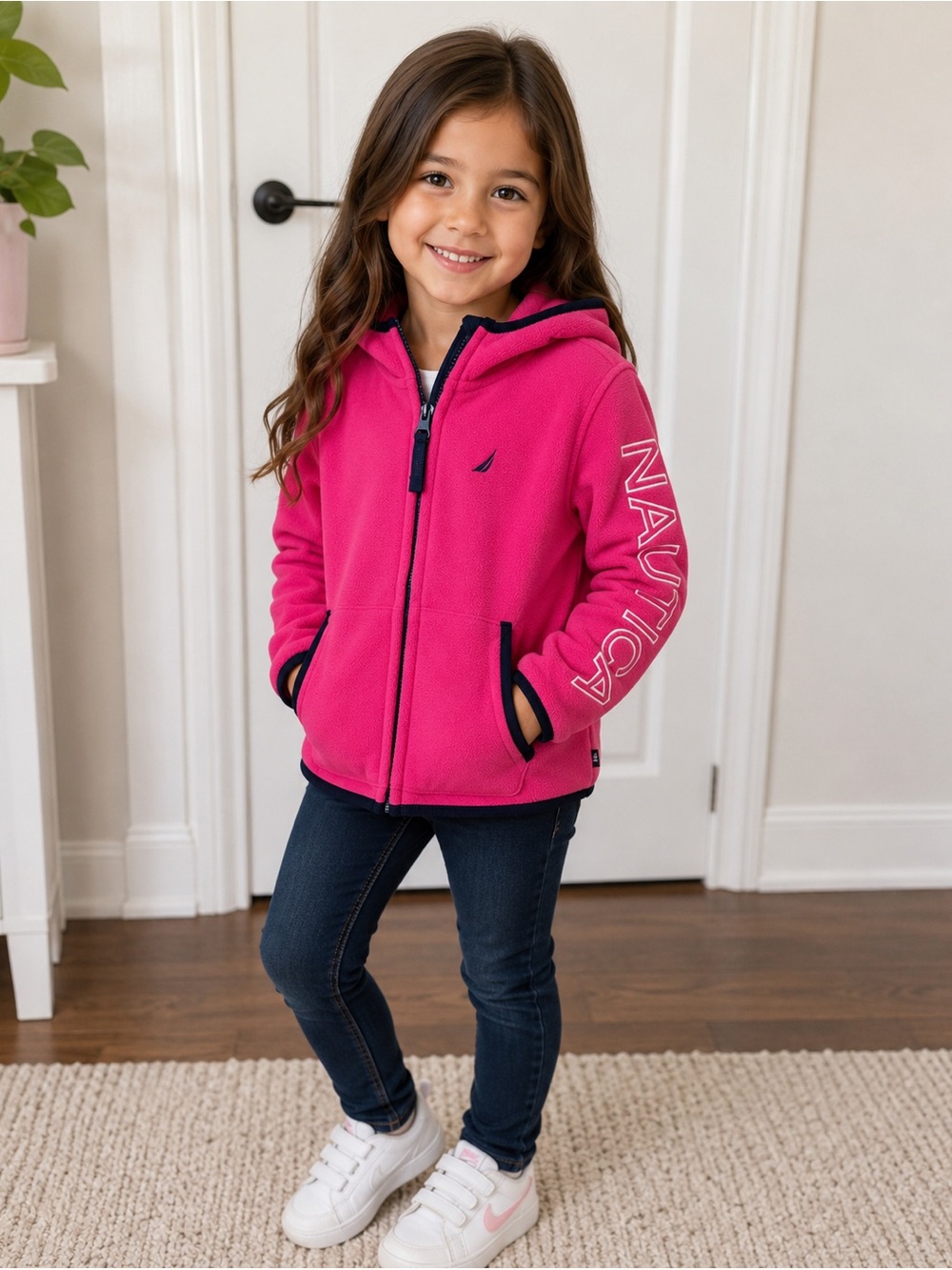 Nautica Girls' Bright Pink Hooded Fleece Zip Sweatshirt